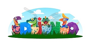 Cartoon funny cute dino kids in egg shells - vector clipart