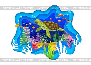 Paper cut underwater landscape with turtle, fishes - vector image