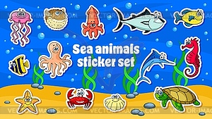 Sea underwater cartoon animals stickers pack - vector clip art