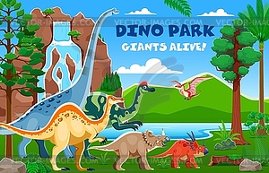 Dino park landscape, cartoon dinosaur characters - color vector clipart