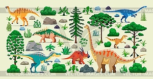 Cartoon prehistoric dinosaur characters and trees - color vector clipart