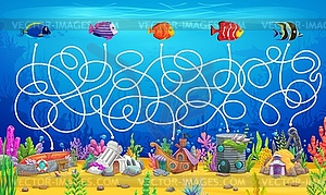 Find fishes houses kids labyrinth maze game - vector clip art