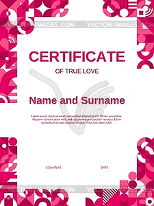 Valentines vertical diploma, true love certificate - vector clipart