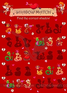 Игровой лист Shadow match valentines со змеями - стоковое векторное изображение