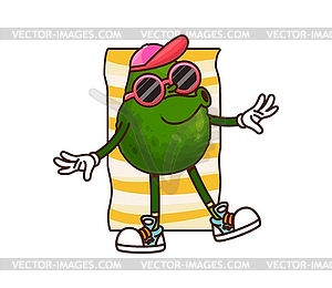 Cartoon groovy avocado character relaxing on beach - vector image