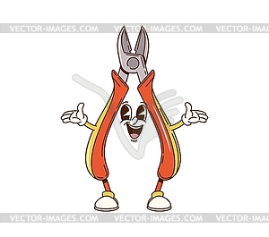 Cartoon groovy wire cutters character, DIY tool - vector image