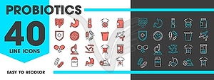 Probiotic and intestine bacteria line icons - vector EPS clipart