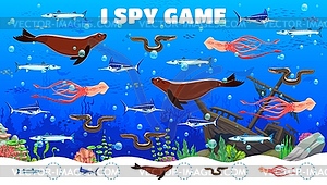 Kids i spy game worksheet with sea animals - vector clip art