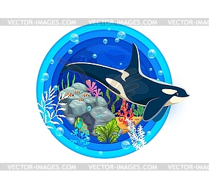 Paper cut underwater landscape with killer whale - vector image