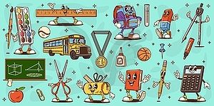 Cartoon groovy school stationery characters set - vector image