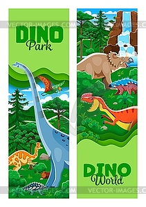 Paper cut dino park banners, cartoon dinosaurs - vector image