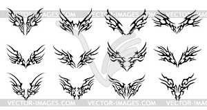 Tribal neo gothic wings tattoo, y2k pattern set - vector image