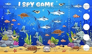 I spy game worksheet with underwater sea animals - vector image