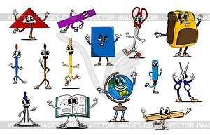 Cartoon groovy school stationery characters - vector image