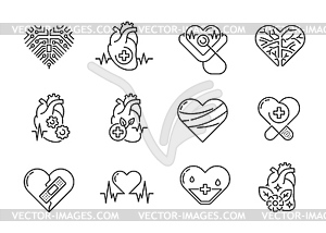 Heart cardiology medical and healthcare line icons - vector image