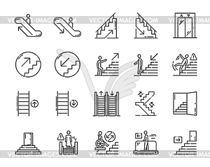 Значки аварийного выхода с лестницы, эскалатора или лифта - векторный эскиз