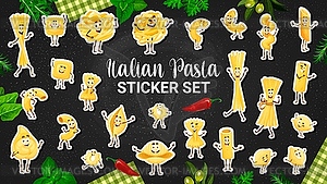Cartoon Italian pasta characters stickers pack - vector image