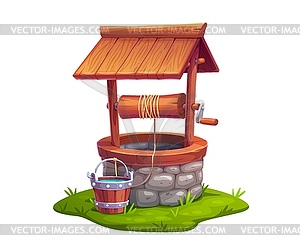 Cartoon farm stone water well with wooden bucket - vector image