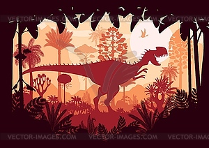 Prehistoric dinosaur silhouettes at jungle forest - vector clip art