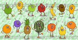 Cartoon retro groovy fruit and berry characters - vector clipart