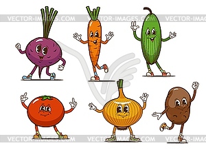 Cartoon groovy vegetable characters, funny faces - vector clip art