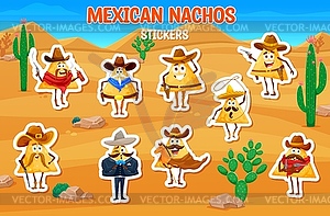 Cartoon nachos chips cowboy characters stickers - vector clip art