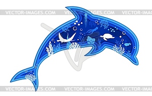 Dolphin paper cut silhouette underwater landscape - vector EPS clipart