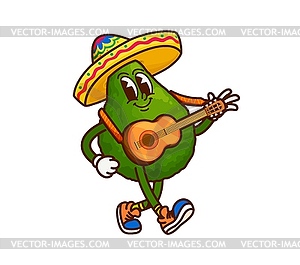 Cartoon groovy Mexican avocado mariachi musician - vector clipart