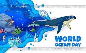 Oceans day paper cut banner with humpback whale - vector image