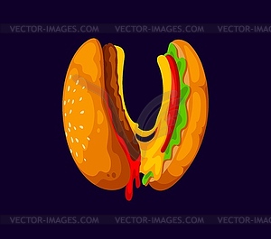 Гамбургер быстрого приготовления с мультяшным алфавитом и буквой U - рисунок в векторе