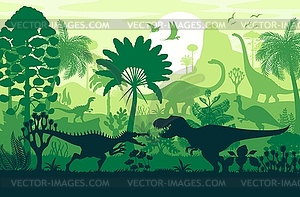 Dinosaur silhouettes in jungle forest, dino fight - vector clip art