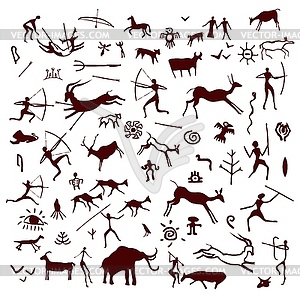 Stone cave painting, ancient prehistoric drawing - vector image