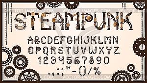 Steampunk gear font, mechanic machine typeface - vector clipart