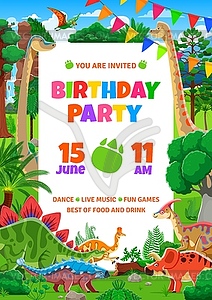 Birthday party flyer with funny reptile dinosaurs - vector image