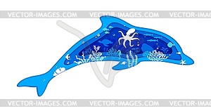 Dolphin silhouette paper cut underwater landscape - color vector clipart