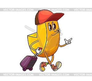 Cartoon groovy cheese character traveler with bag - vector image