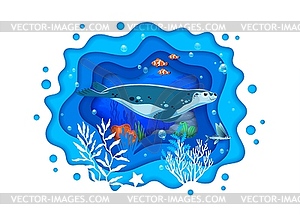 Paper cut underwater landscape banner with seal - vector clipart