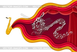 Paper cut saxophone and music notes, jazz poster - vector image