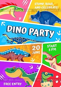 Dino kids party flyer with funny dinosaur lizards - vector image