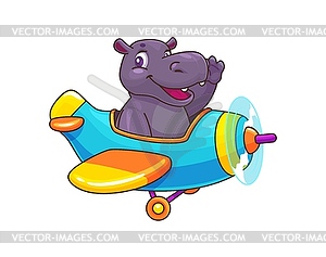 Cartoon hippopotamus pilot on airplane, baby hippo - vector clipart