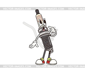 Cartoon retro groovy car spark plug character - vector image