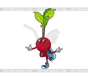 Cartoon groovy radish Halloween wizard character - vector image