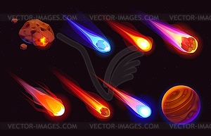 Cartoon galaxy space meteors, comets and asteroids - vector image