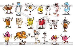 Groovy breakfast drink, food, dessert characters - vector clip art