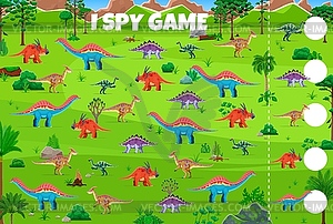 I spy game worksheet, funny prehistoric dinosaurs - vector image
