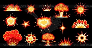 8 bit pixel game bomb blast and fire explosion - vector clip art