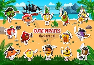 Cartoon pirate fruit characters stickers pack - vector clipart