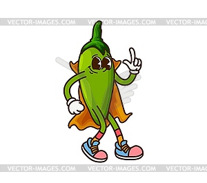 Groovy cartoon jalapeno pepper, Halloween wizard - vector image