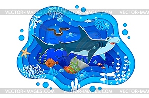 Paper cut underwater landscape hammerhead shark - vector image