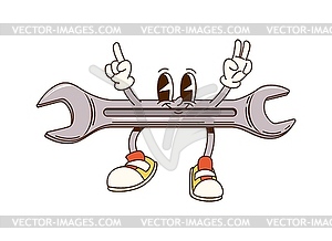 Cartoon groovy wrench spanner character, DIY tool - vector clipart